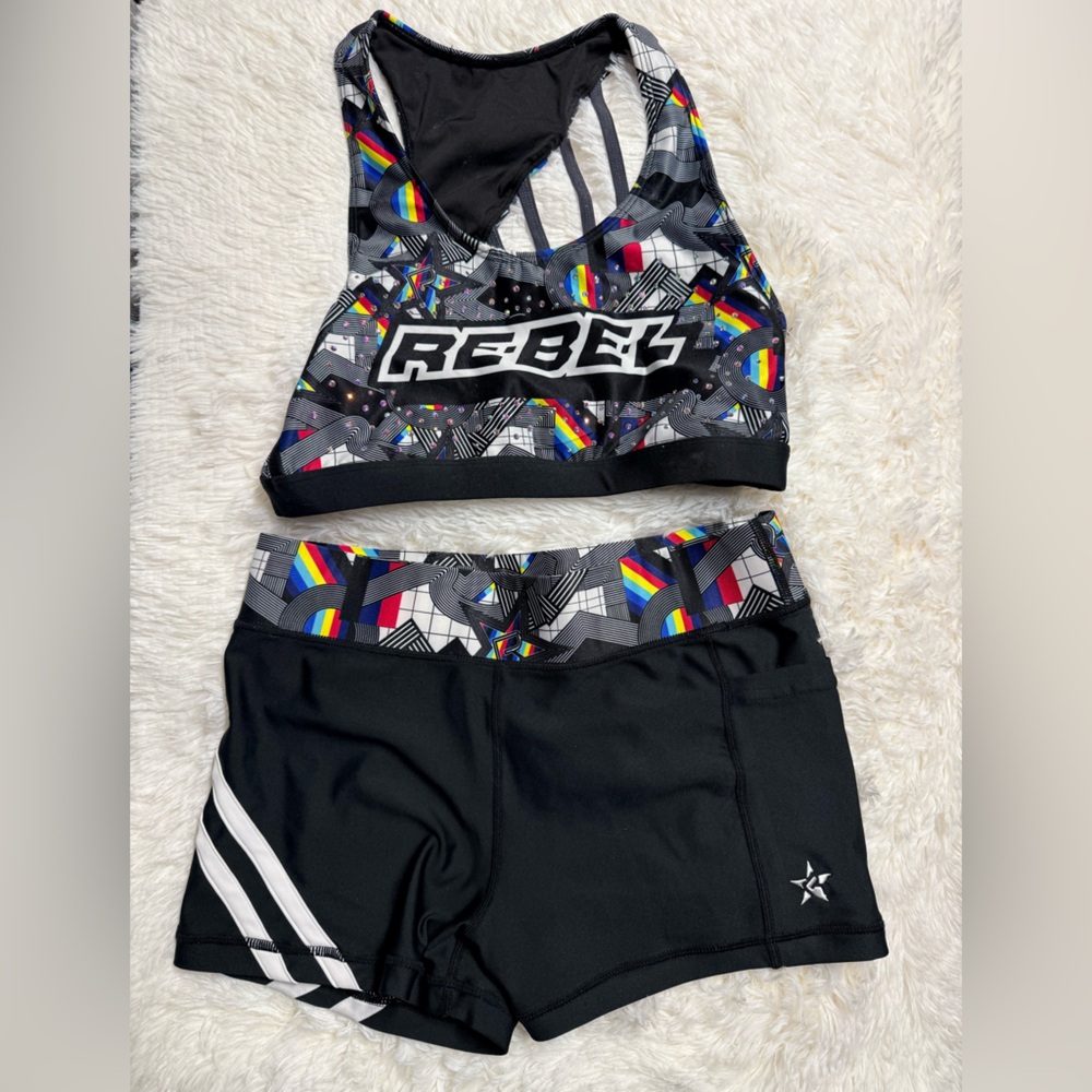 Rebel Athletic Black and Multicolor Sports Bra and shorts set